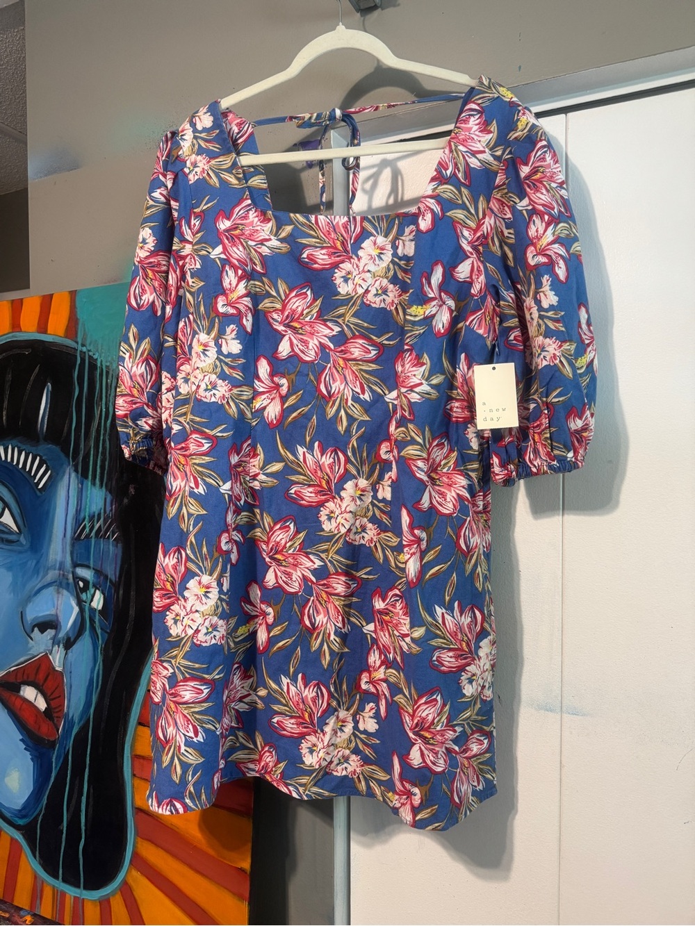 NWT A New Day L Blue Bold Floral Cotton Linen Puff Sleeve Mini Dress Pockets - Picture 2 of 10